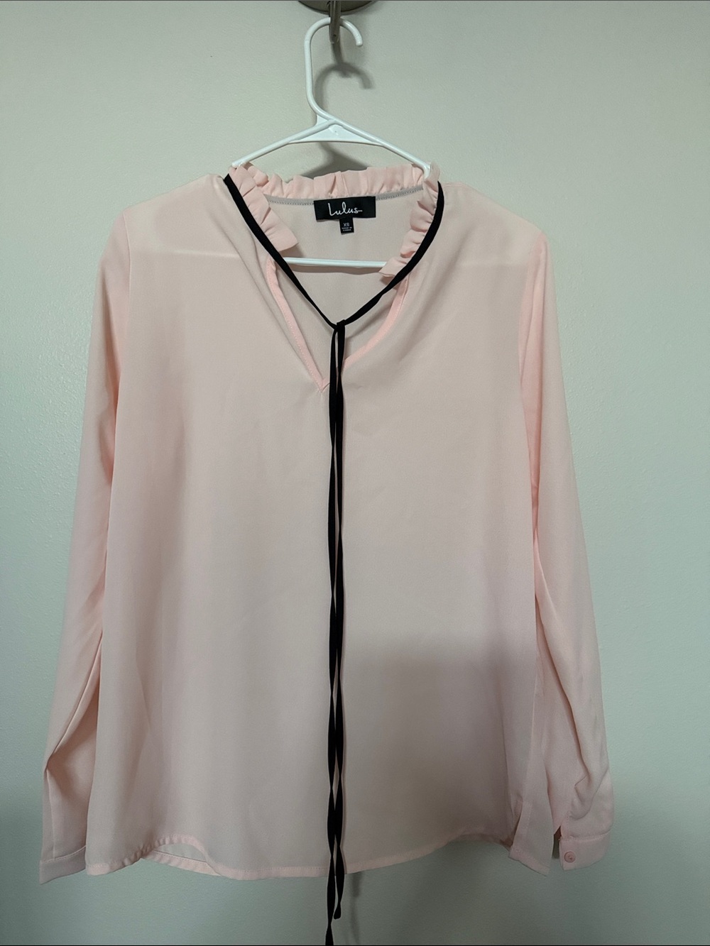 Lulu's Light Pink Long-Sleeve Ruffle Tie-Neck Blouse